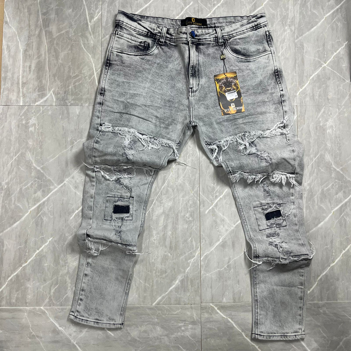 Calça Jeans Jogador Destroyed City Denim Cinza Claro