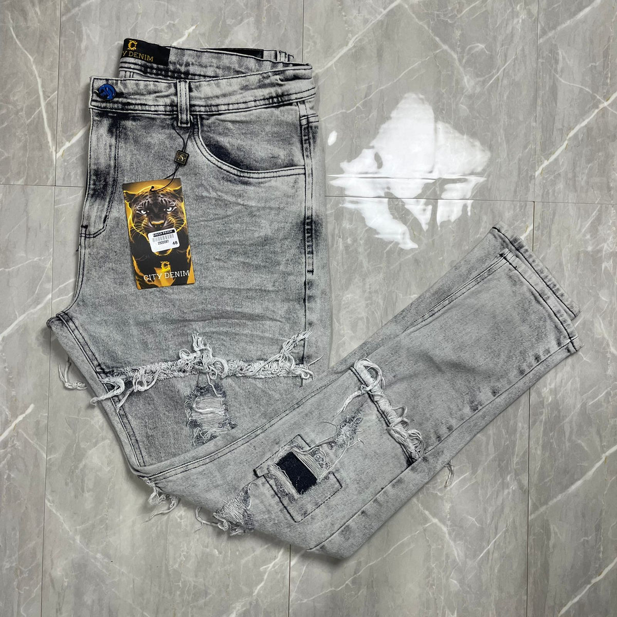 Calça Jeans Jogador Destroyed City Denim Cinza Claro