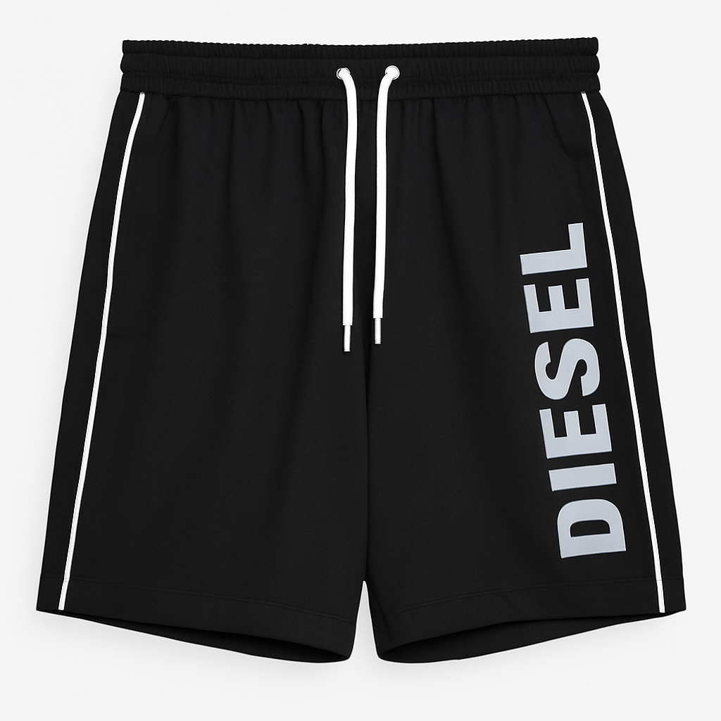Short Diesel Preto com Cordão Branco e Logo Vertical Estampado