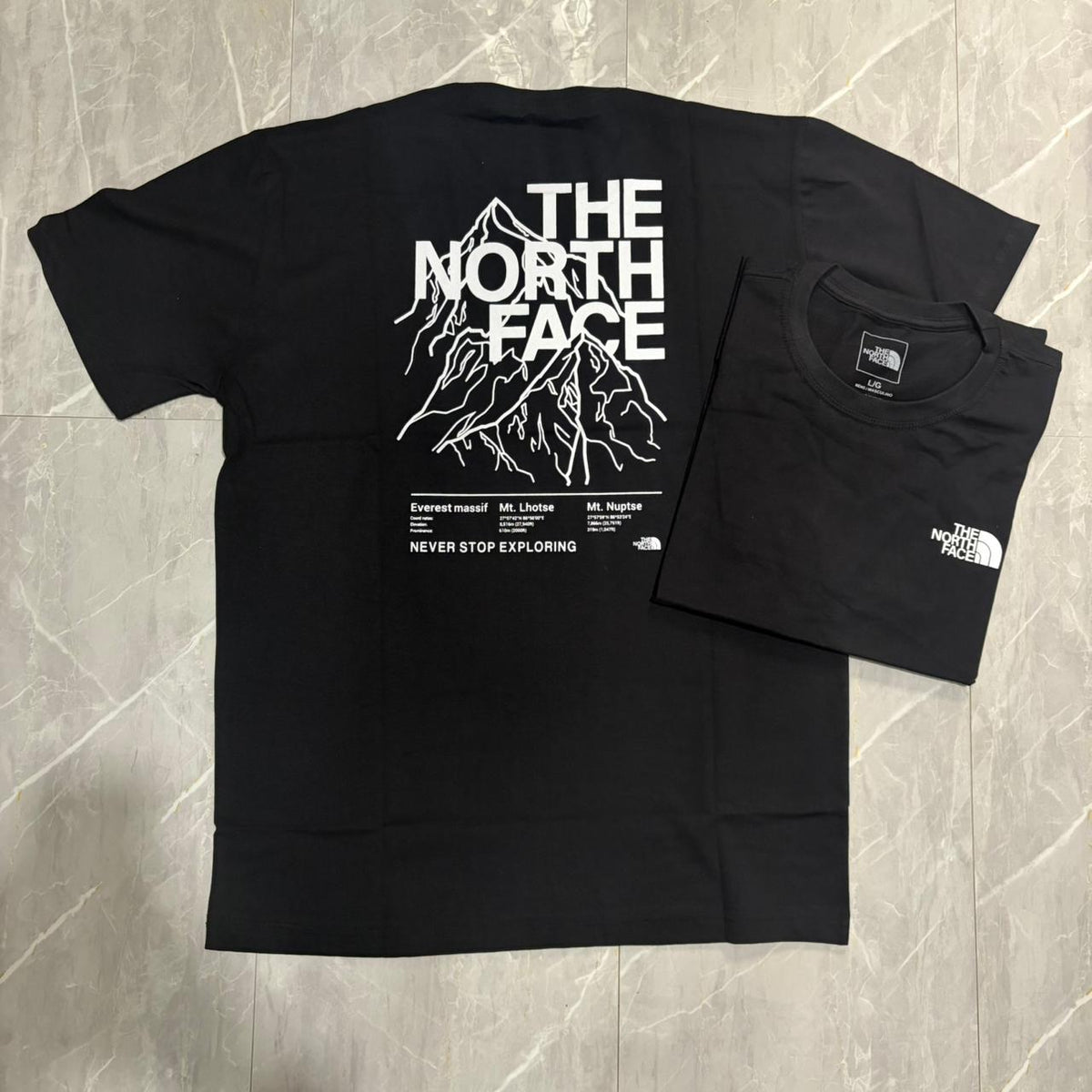 Camiseta Grife The North Face Preta com Estampa Traseira de Montanhas Brancas