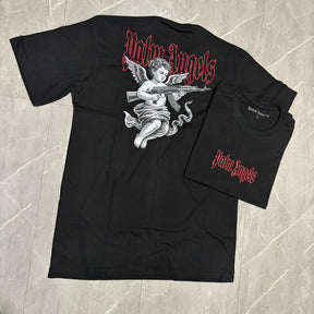Camiseta Grife Palm Angels Preta com Estampa de Anjo e Logo Gótico