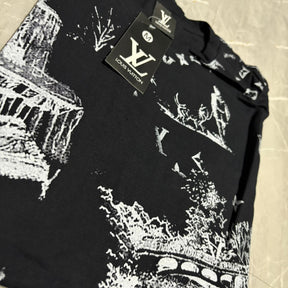 Camiseta Grife LOUIS VUITTON Preta com Estampa Toile de Jouy Branca
